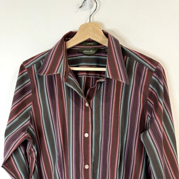Eddie Bauer Shirt Wrinkle Resistant Size L Striped Red Green Button Front - Picture 2 of 10